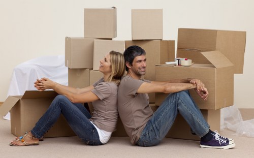 Professional man and van handling packed boxes and furniture