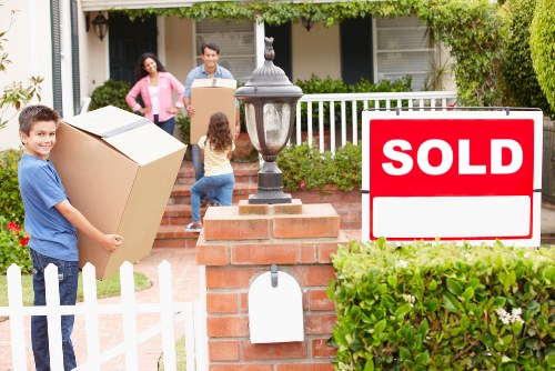 Moving van and office relocation supplies in a local commercial area