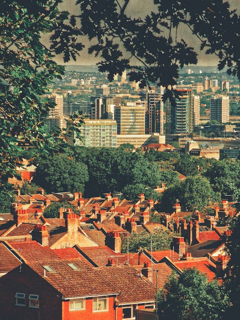 A view of a residential suburban area with red-brick houses featuring tiled roofs and chimneys in the foreground, surrounded by lush green trees. In the background, a cityscape of modern high-rise buildings and office towers extends across the horizon under a clear sky. The image is framed by overhanging tree branches at the top, and the scene appears to be taken from an elevated vantage point, possibly during daylight hours. This setting reflects an urban environment that could relate to house removals or relocation services, with visible housing and city infrastructure.