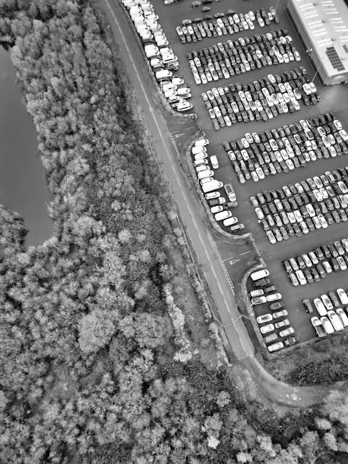 An aerial view of a large parking lot filled with numerous parked vehicles, including cars and vans, situated adjacent to a wooded area with dense trees. The parking area has clearly marked parking spaces and a few lanes for vehicle movement. Alongside the parking lot, a narrow road curves through the scene, separating the vehicles from the greenery. The environment appears to be well-lit, with sunlight casting shadows from the parked vehicles onto the ground. This setting likely relates to the process of home relocation or furniture transport, as depicted by the organized parking and access points, supporting professional removals from a location such as Wormwood Scrubs, managed by Man with Van Wormwood Scrubs.